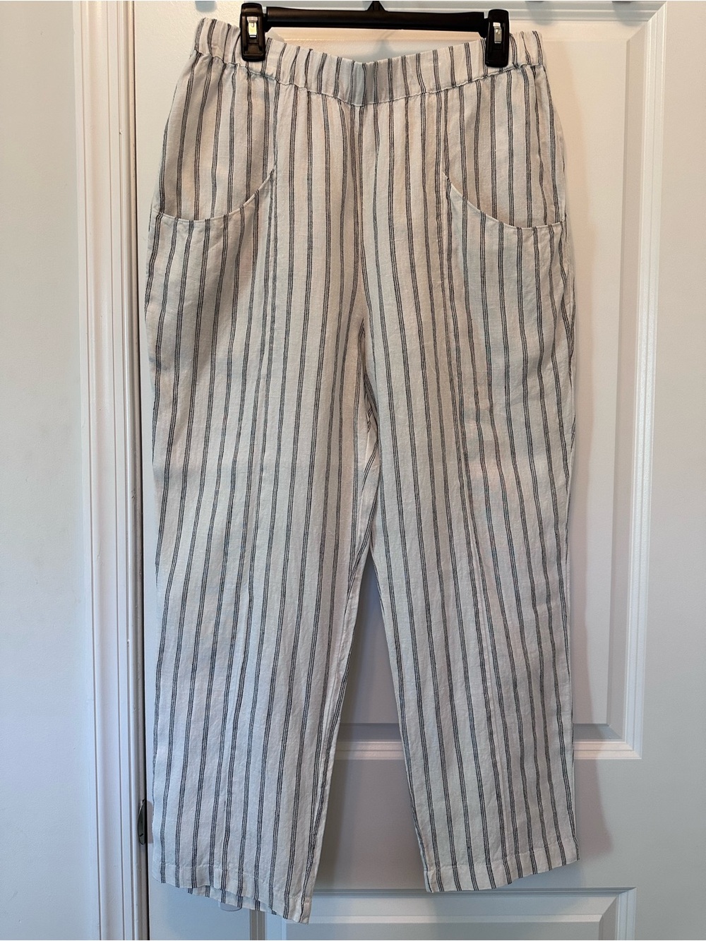 Quince 100% European Linen Tapered Ankle Pant Oatmeal Black Stripe Size L